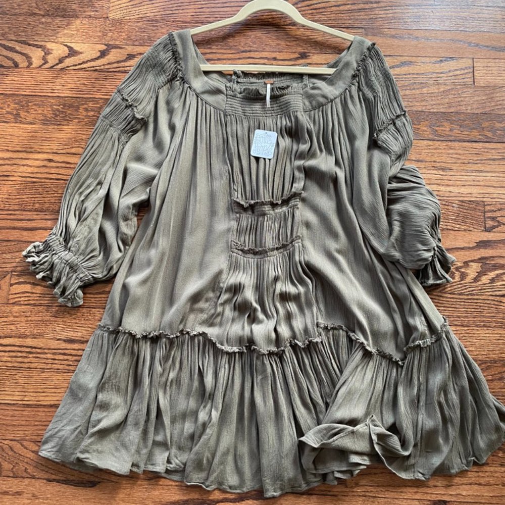 Free People Sea Ya There Olive Green flowy long sleeve tunic/dress/coverup NWT